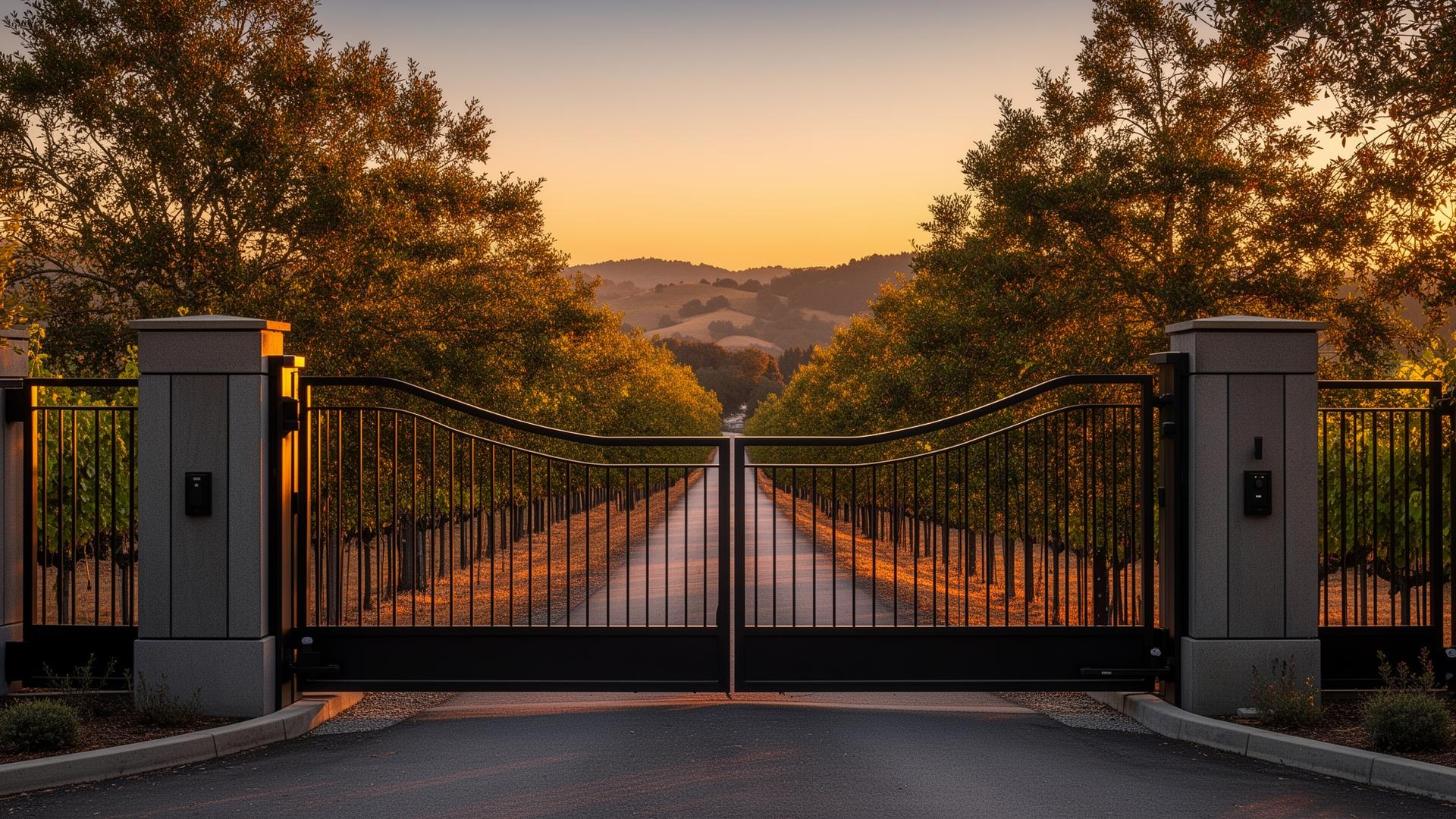 Custom automatic driveway gate at a Sonoma & Napa Counties vineyard estate